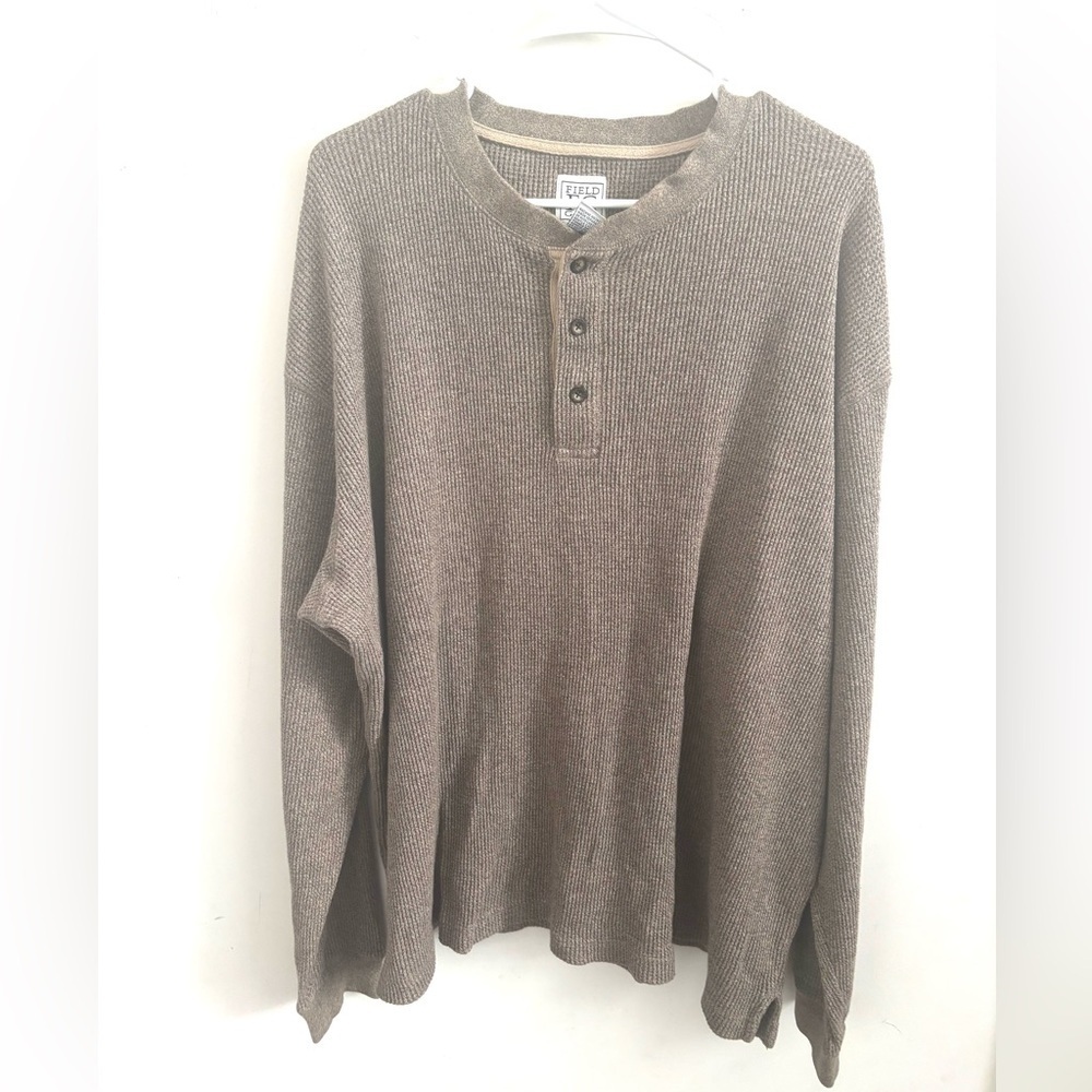 Field Gear Mens T-Shirt Thermal Tan XL Tick Knit Crew Neck Henley Long Sleeve
